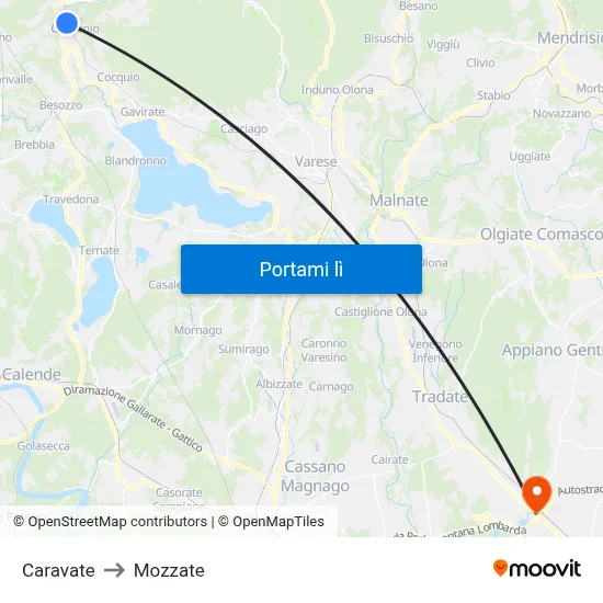 Caravate to Mozzate map