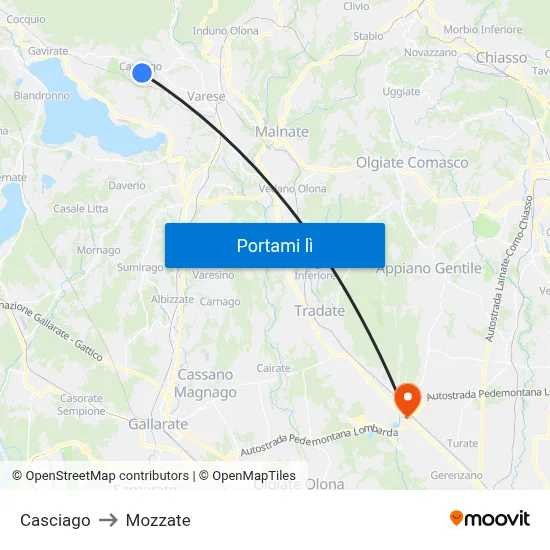 Casciago to Mozzate map