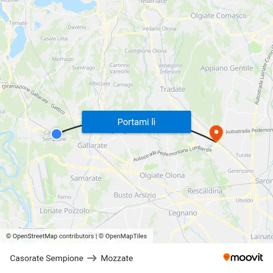Casorate Sempione to Mozzate map
