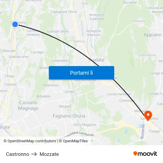 Castronno to Mozzate map