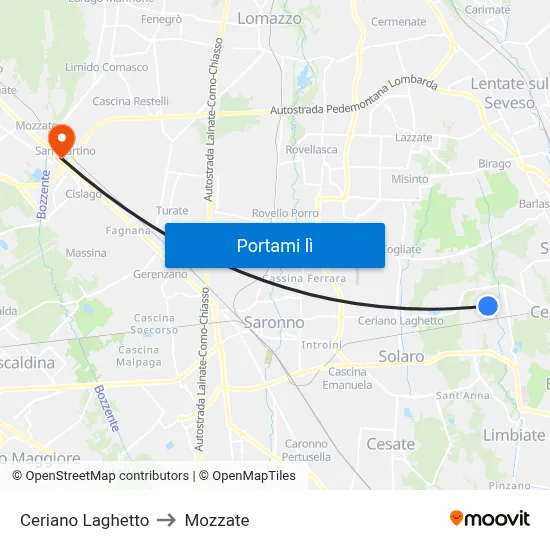 Ceriano Laghetto to Mozzate map