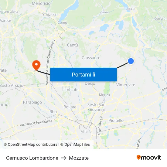 Cernusco Lombardone to Mozzate map