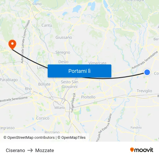 Ciserano to Mozzate map
