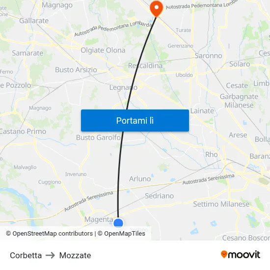 Corbetta to Mozzate map