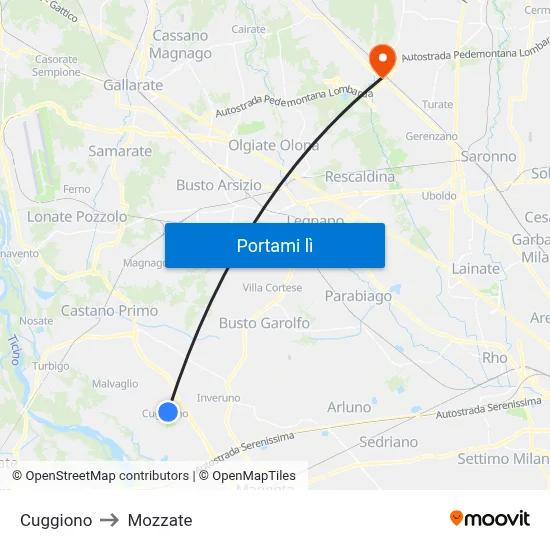 Cuggiono to Mozzate map