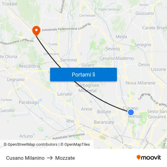 Cusano Milanino to Mozzate map