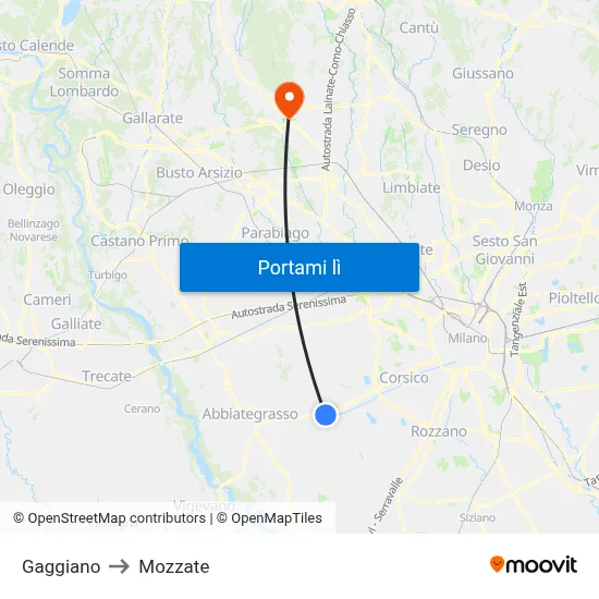 Gaggiano to Mozzate map