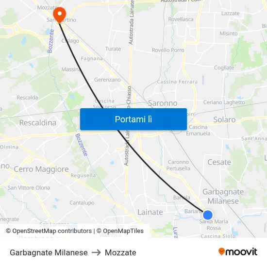 Garbagnate Milanese to Mozzate map