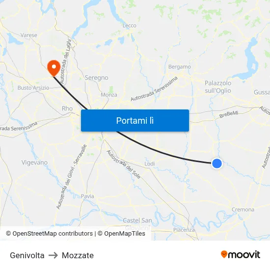 Genivolta to Mozzate map