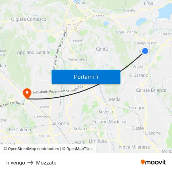 Inverigo to Mozzate map