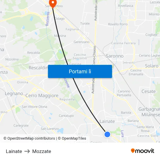 Lainate to Mozzate map