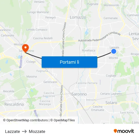 Lazzate to Mozzate map