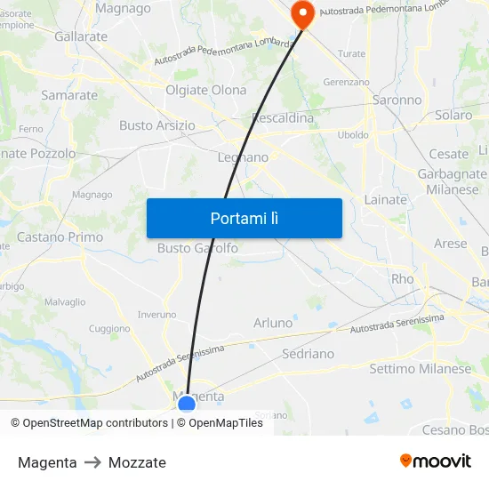Magenta to Mozzate map