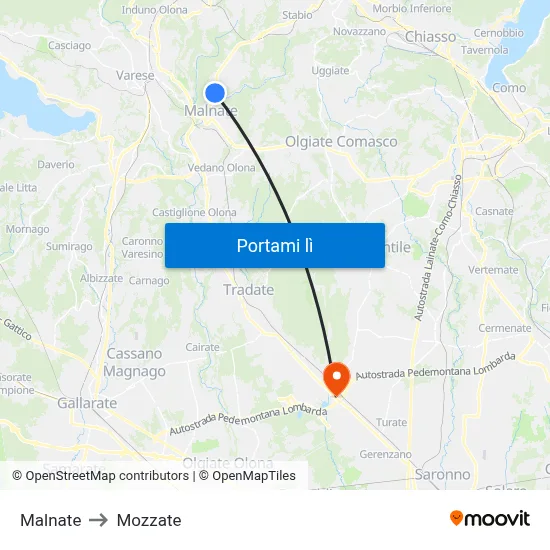 Malnate to Mozzate map