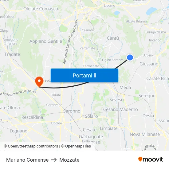 Mariano Comense to Mozzate map