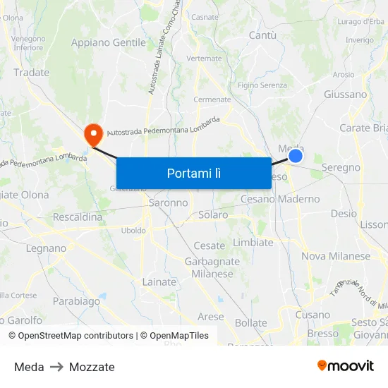 Meda to Mozzate map