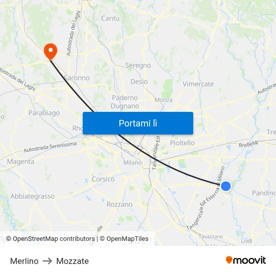 Merlino to Mozzate map