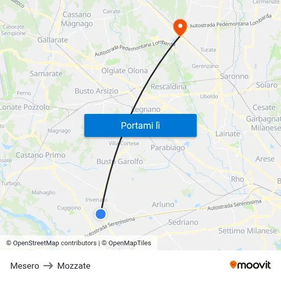 Mesero to Mozzate map