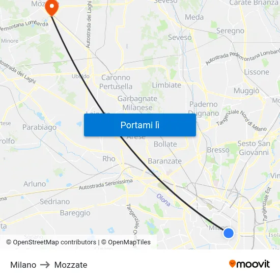 Milano to Mozzate map