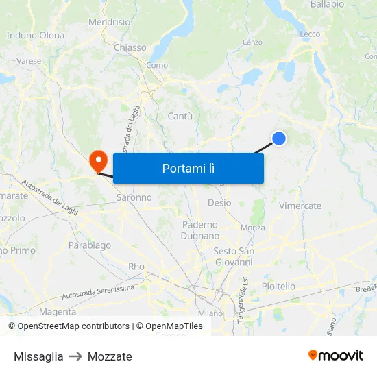 Missaglia to Mozzate map