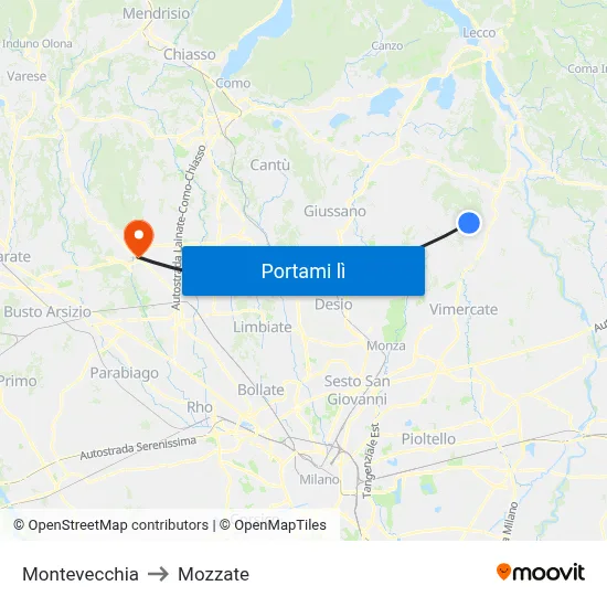 Montevecchia to Mozzate map