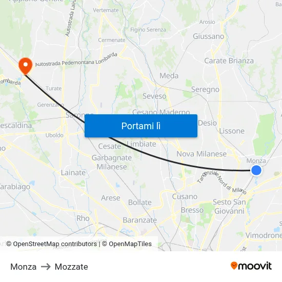 Monza to Mozzate map