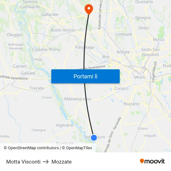 Motta Visconti to Mozzate map