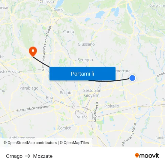 Ornago to Mozzate map