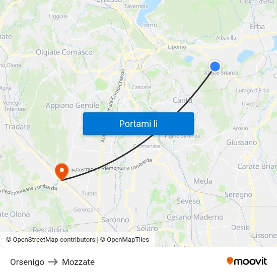 Orsenigo to Mozzate map