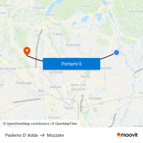 Paderno D' Adda to Mozzate map