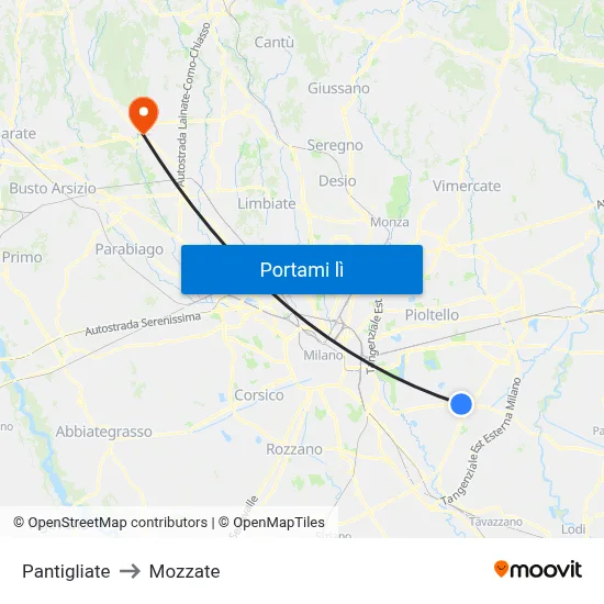 Pantigliate to Mozzate map