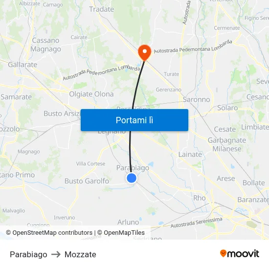 Parabiago to Mozzate map