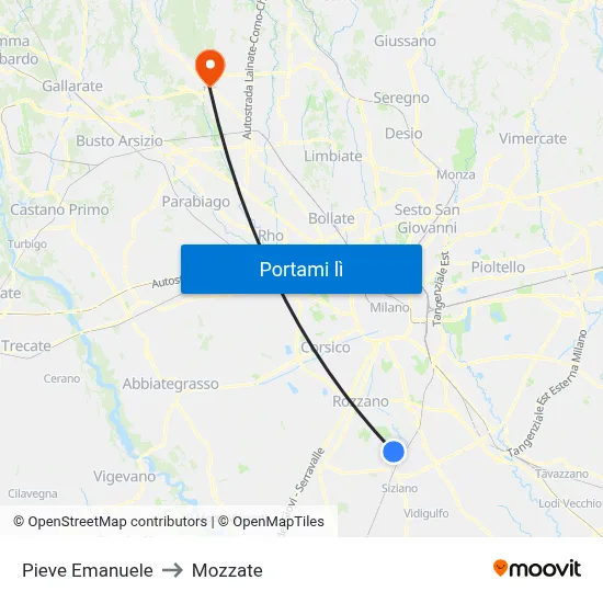 Pieve Emanuele to Mozzate map