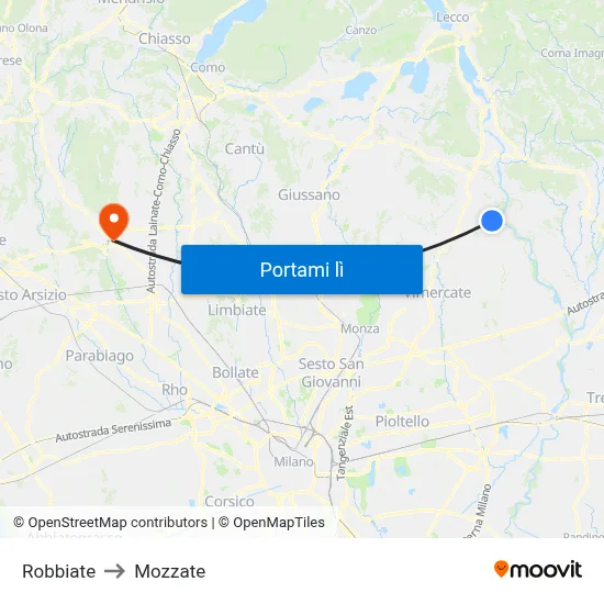 Robbiate to Mozzate map