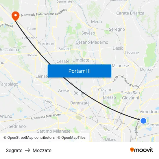 Segrate to Mozzate map