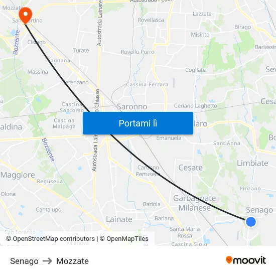 Senago to Mozzate map