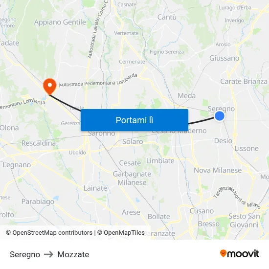 Seregno to Mozzate map