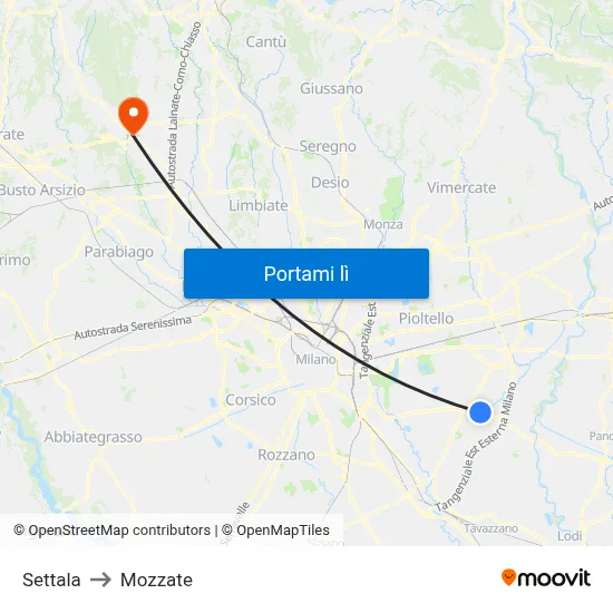 Settala to Mozzate map