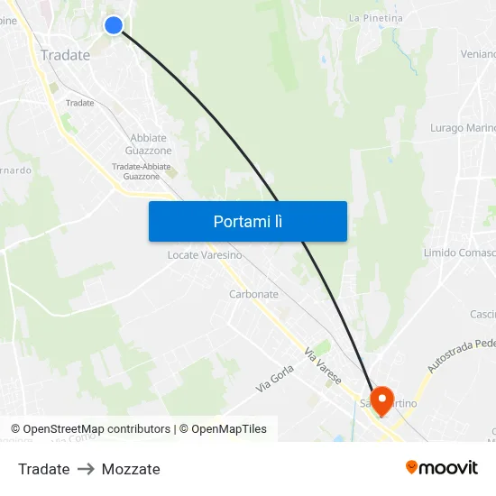 Tradate to Mozzate map