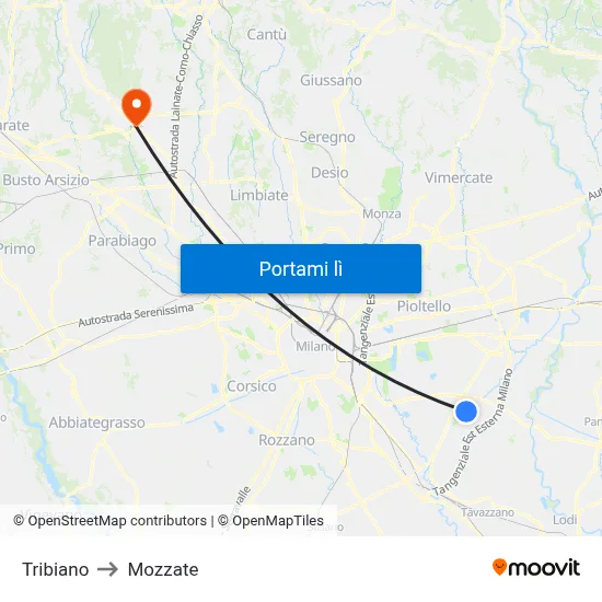 Tribiano to Mozzate map
