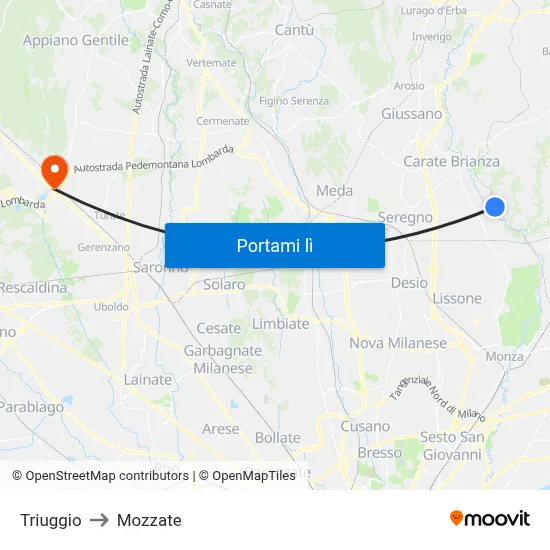 Triuggio to Mozzate map
