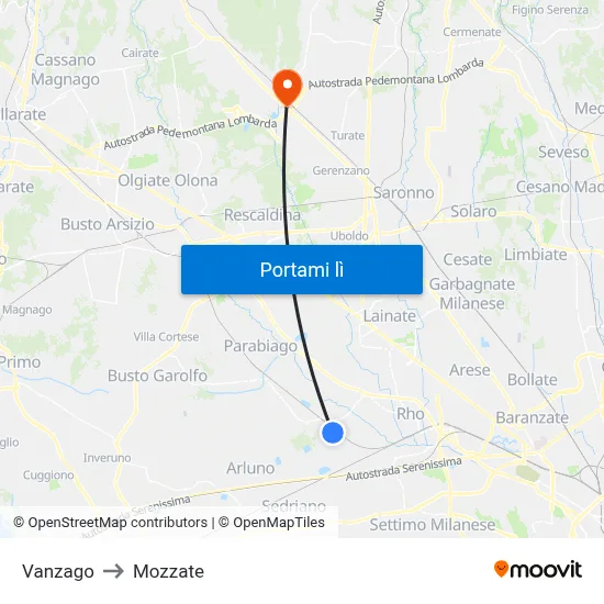 Vanzago to Mozzate map