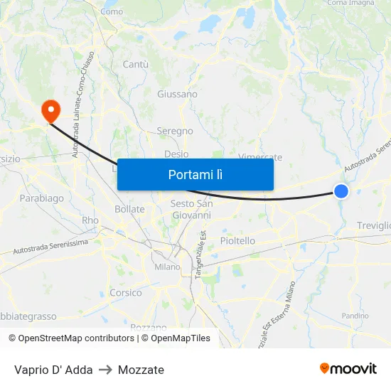 Vaprio D' Adda to Mozzate map