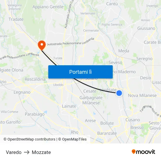 Varedo to Mozzate map