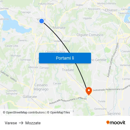 Varese to Mozzate map