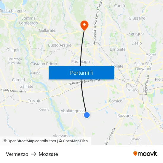 Vermezzo to Mozzate map