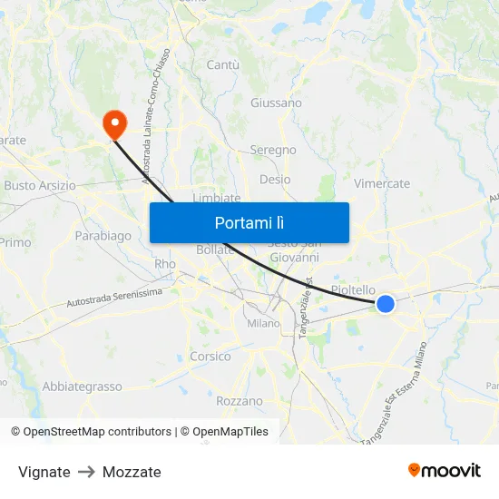 Vignate to Mozzate map