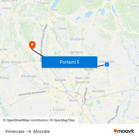 Vimercate to Mozzate map