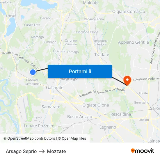 Arsago Seprio to Mozzate map