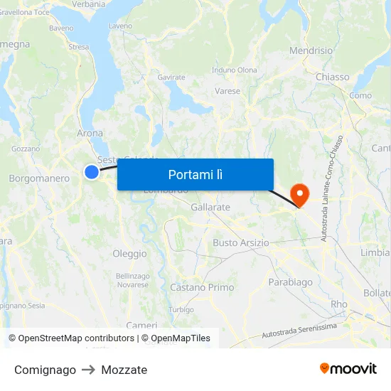 Comignago to Mozzate map